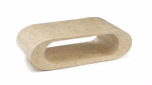 Măsuță de cafea Sandu White Agate din piatră fossile albă, formă sculpturală, finisaj bej, dimensiuni 120x62x35 cm