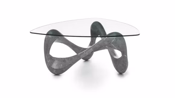 Masuta de cafea Tetris Grey Fossil cu blat de sticla si baza din piatra naturala, design modern, dimensiuni 100x100x42.5 cm