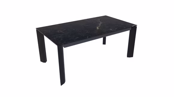 Masa extensibila Delta Calacatta Black Marble 180(240)x100, cu picioare metalice oblice si blat ceramic pe suport din sticla.