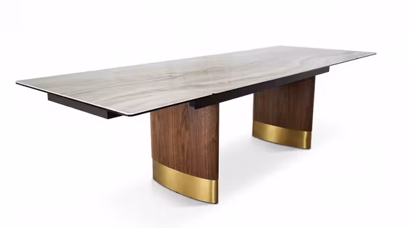 Masa extensibila Diagonal cu top din ceramica KL-359, structura Walnut Veneer si detalii Titanium Bronze, pentru dining modern.
