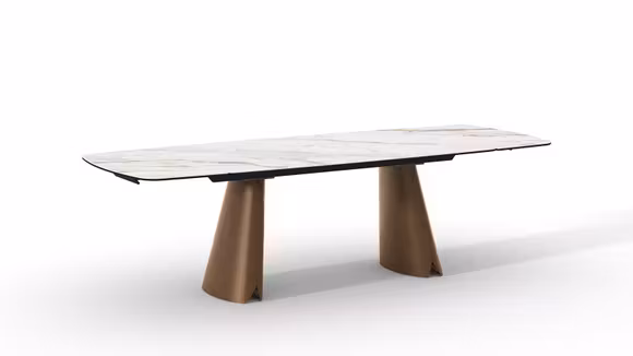 Masa extensibila Norah cu blat ceramic Gloss Golden Carrarra si structura metalica Copper Cross Brushed.