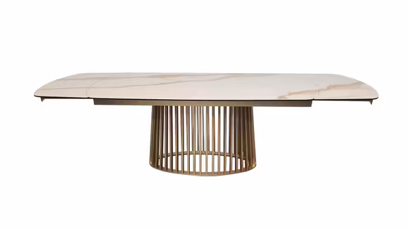 Masa extensibila Rondo Ceramica Golden Calacatta cu blat ceramic si structura metalica bronz.