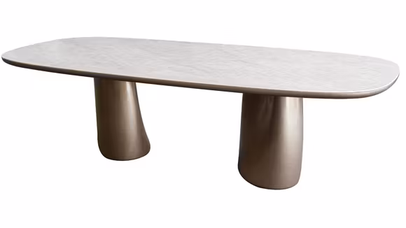 Masa Adria Ceramica + MDF Champagne 278x110x76 cm, cu blat ceramic FNZ-503P, margini rotunjite si doua picioare sculpturale din MDF Champagne S01.