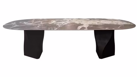 Masa Bertran Ceramic FMG-017 + Cross Bronze 240x118x76 cm, cu blat ceramic cu venaturi in tonuri de maro, bej si gri si doua picioare geometrice din metal Cross Bronze S02.