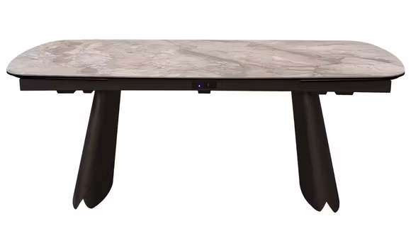 Masa extensibila electric Norah Ceramica KL-355 200(280)x98 cm, cu blat ceramic cu efect de piatra naturala si doua picioare sculpturale din metal Bronze V05.