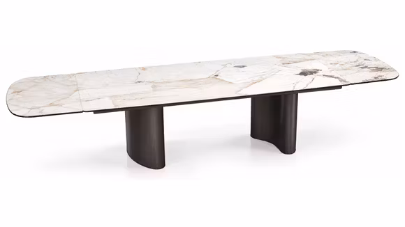 Masa extensibila Humphrey Ceramica TL-331 240(360)x120 cm, cu blat ceramic cu venaturi in tonuri de bej si maro si doua picioare sculpturale Brown Gold BC165.