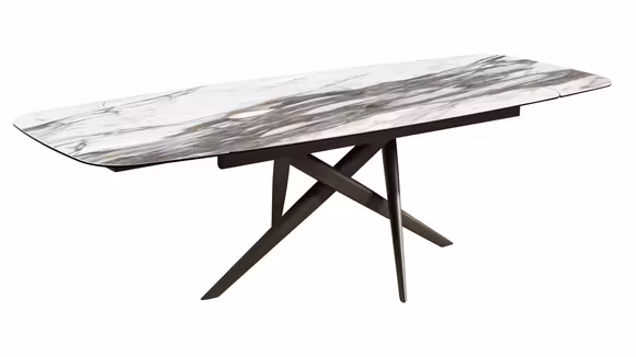 Masa extensibila Humphrey Ceramica TL-331 240(360)x120 cm, cu blat ceramic cu venaturi in tonuri de bej si maro si doua picioare sculpturale Brown Gold BC165.