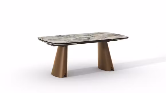 Masa extensibilă Norah cu blat ceramic Gloss Patagonia și structură metalică Copper Cross Brushed