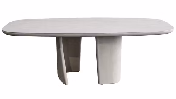 Masa Goya Ceramic + MDF + Natural Stone 220x108x76 cm, cu blat ceramic VG811L, colturi rotunjite si picioare sculpturale din MDF cu finisaj Concrete Beige.