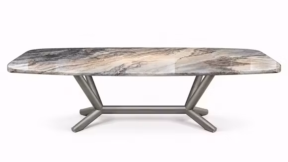 Masa Planer CrystalArt Titanium Embossed 240 cm, produs expus, cu baza geometrica si blat cu aspect marmorat.