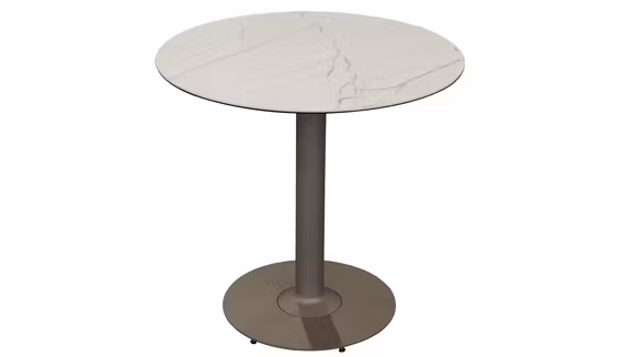 Masa Goya Ceramic + MDF + Natural Stone 220x108x76 cm, cu blat ceramic VG811L, colturi rotunjite si picioare sculpturale din MDF cu finisaj Concrete Beige.