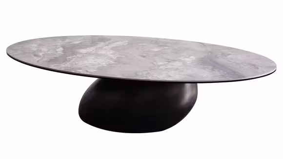 Masuta de cafea Menorca Ceramica KL-355/Bronze, cu blat ceramic inspirat de piatra naturala, baza curbata Bronze Lacquered si dimensiuni 135,5x80x35 cm.