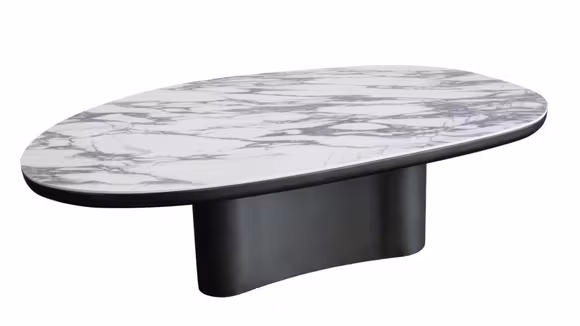 Masuta de cafea Roca Ceramica + MDF 123x78 cm, cu blat ceramic FMG-019 cu efect de marmura alba si venaturi gri, baza sculpturala din metal Cross Bronze S02.