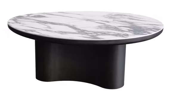 Masuta de cafea Roca Ceramica + MDF 98x73,5x36 cm, cu blat ceramic FMG-019 cu efect de marmura alba, venaturi gri si baza metalica Cross Bronze S02.
