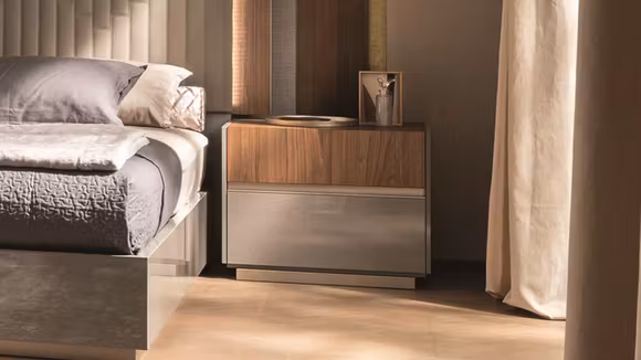 Noptiera Corso Como Beige High Gloss + Walnut Fluted
