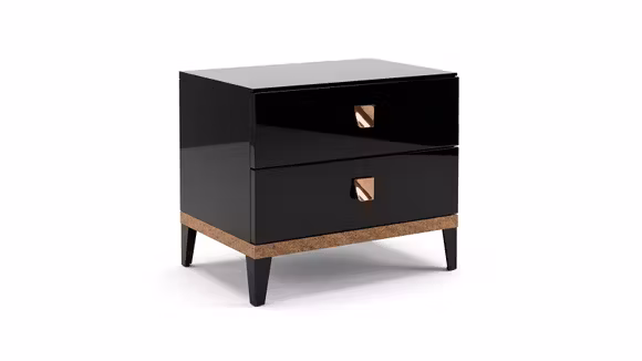Noptiera Mont Noir Black High Gloss, produs expus, cu finisaj negru lucios si doua sertare.