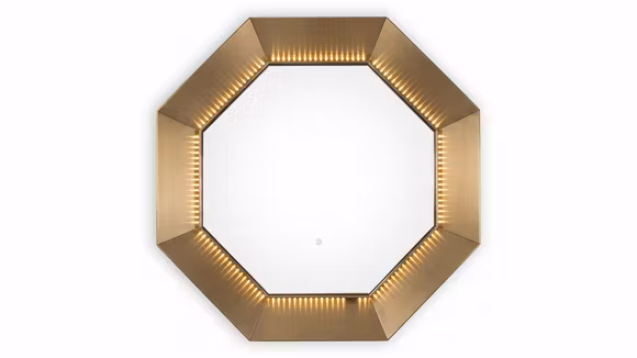 Oglinda cu LED Marina Brushed Steel/Gold 100x100 cm, cu structura din otel inoxidabil in finisaj Brushed Titanium Gold si design geometric modern.