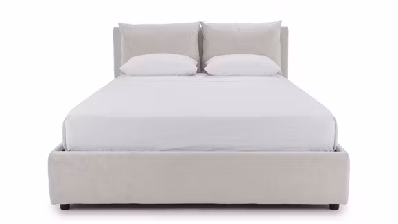 Pat Tango S cu lada depozitare, textil Velluto Cream 180x200, cu tablie cu perne moi si somiera rabatabila.