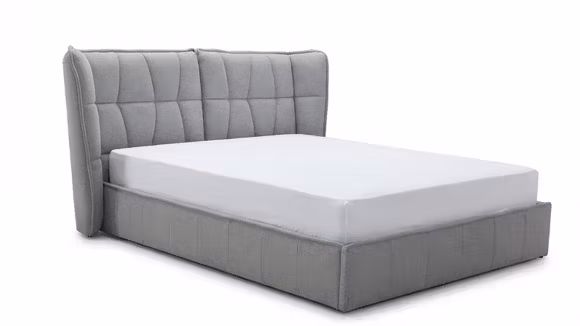 Pat Shannon 180x200 cm tapițat în material textil gri deschis, cu tăblie capitonată și design modern.