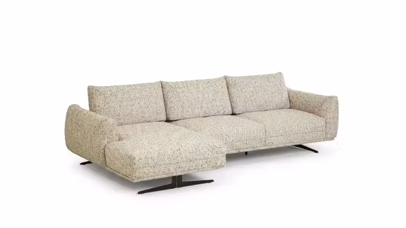 Canapea cu sezlong Stella, varianta dreapta, tapitata in material textil beige, cu spatar reglabil si picioare metalice negre.