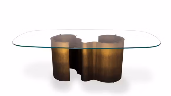 Masa Papel Glass 240x120 cm cu blat din sticla extra-clara si structura metalica finisaj Oxybrass.