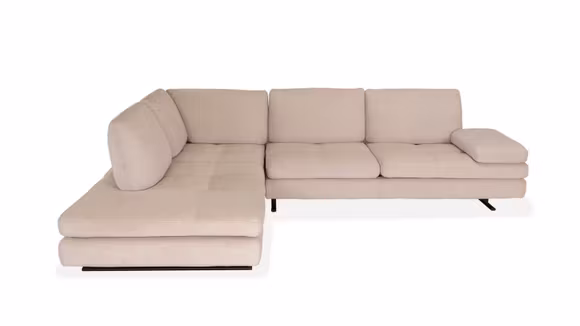 Canapea de colt Luna, finisaj textil Alce Beige, cu divan stanga si picioare metalice bronz, design modern si elegant.