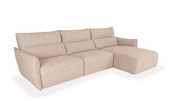 Canapea cu sezlong Stupore tapitata in material textil Atena Cream, model stanga, design modern si elegant pentru living.