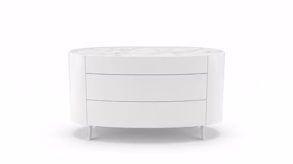 Comoda Stoccolma cu 3 sertare, finisaj Bianco Neve Opaco, top Nobilitato Carrara si colturi rotunjite.