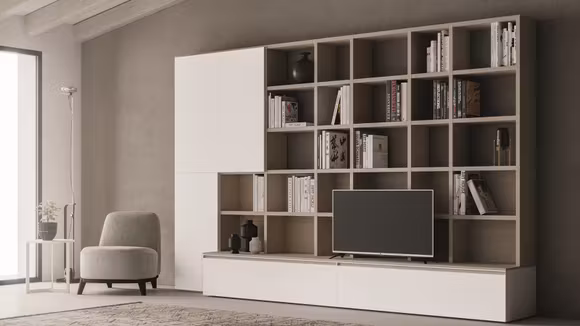 Biblioteca Atlante STK38 moderna, finisaje Frassino Oriente si Bianco Gesso, 345 x 28/51 x 219.5 cm