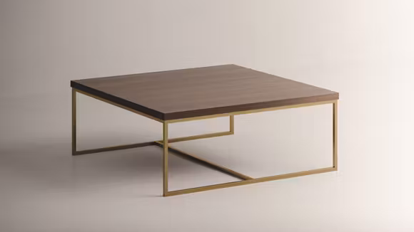Masuta de cafea Panarea 90 cm, produs expus, cu finisaj de lemn si accente metalice aurii.